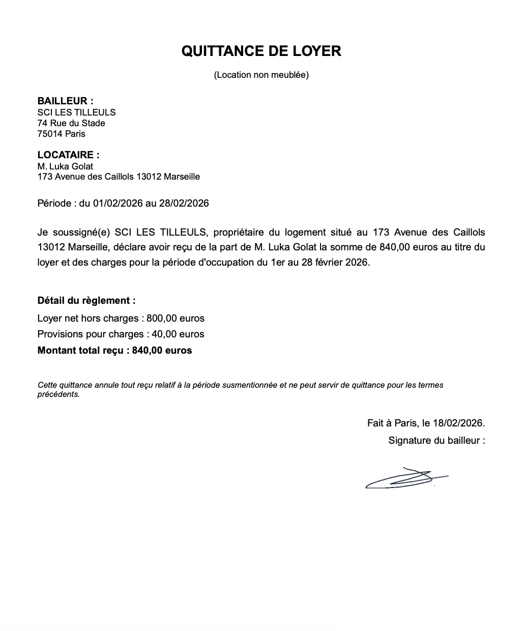 Exemple de quittance de loyer générée par MaQuittance